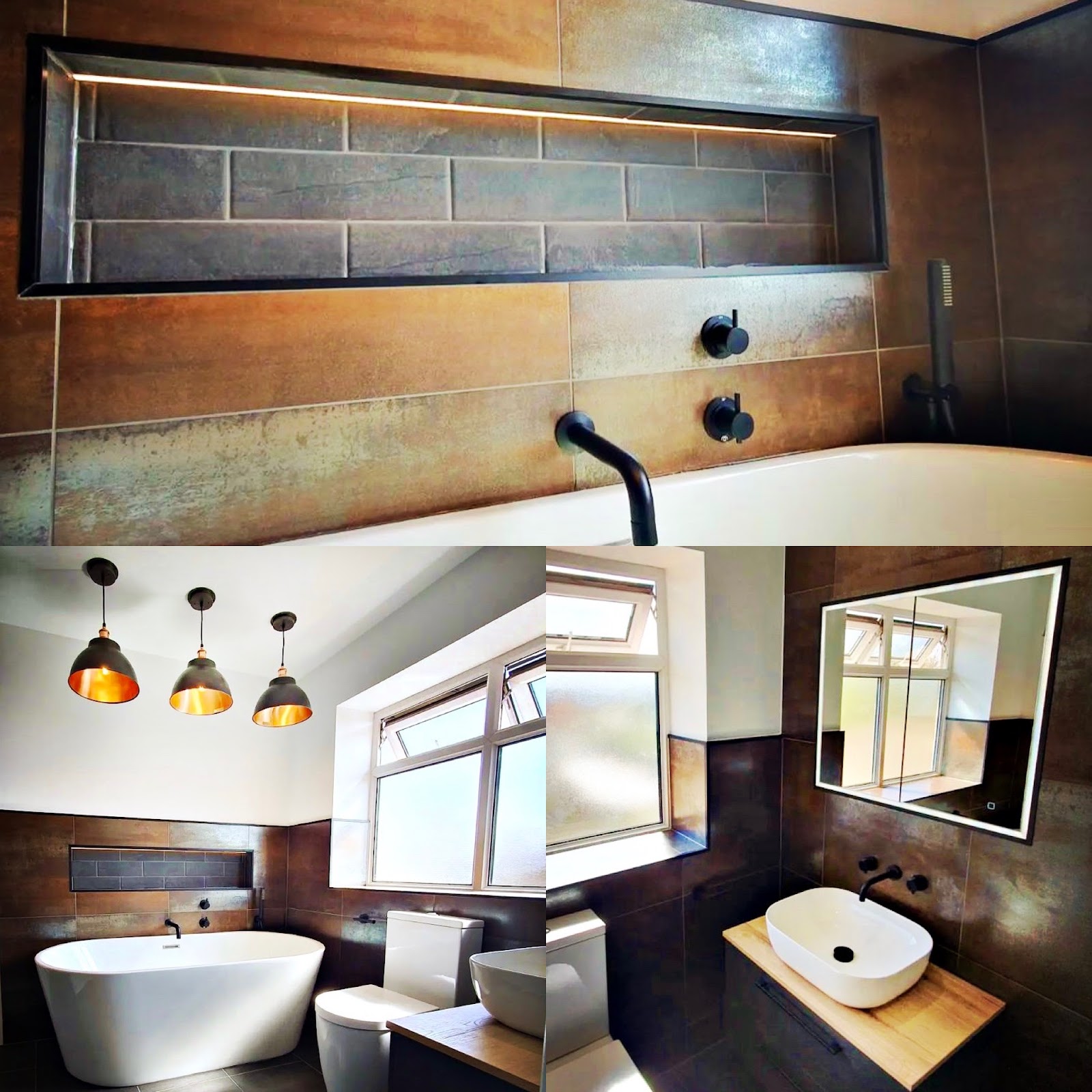 Bathroom lighting: LED niche, brass pendants over the bath and a lit vanity mirror